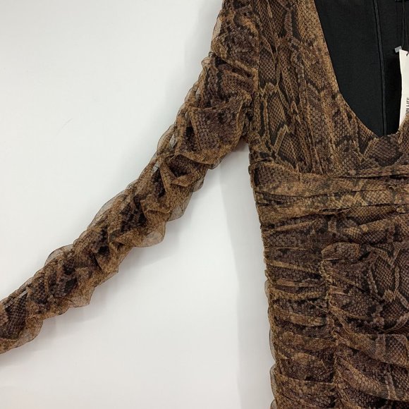 Zara Dress Brown Snake Print Draped Tulle V Neck Long Sleeve NWT - Picture 7 of 13